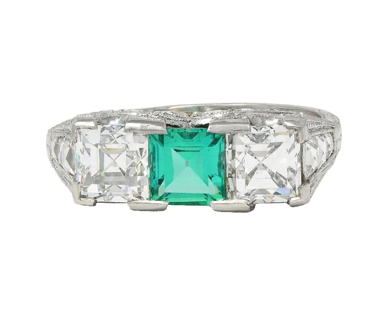 Art Deco 3.51 CTW Emerald Diamond Platinum Vintage Three Stone Ring