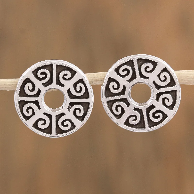 Timeless Beauty, Unbeatable Deals – Jewelry Sale On Ancient Ball Game Circular Sterling Silver Button Earrings from Mexico