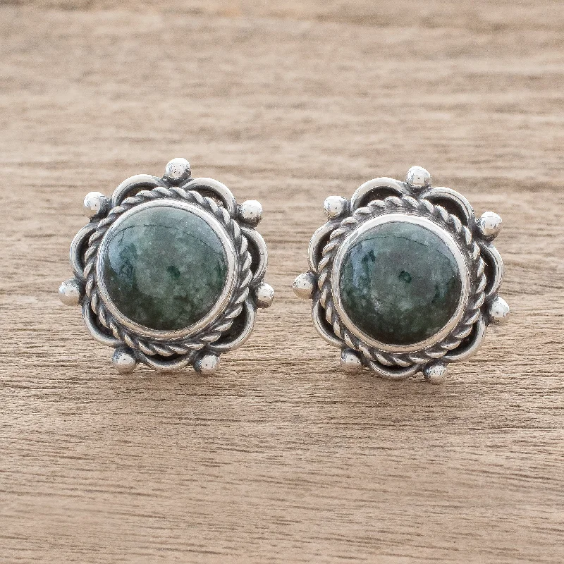 Bohemian-Inspired Jewelry For Free-Spirited Fashion Antigua Sun Dark Green Jade Button Earrings from Guatemala