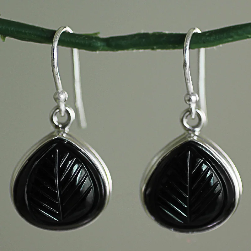 Make Every Moment Shine – Jewelry Discounts Available Betel Leaf Hand Made Sterling Silver Onyx Dangle Earrings from India