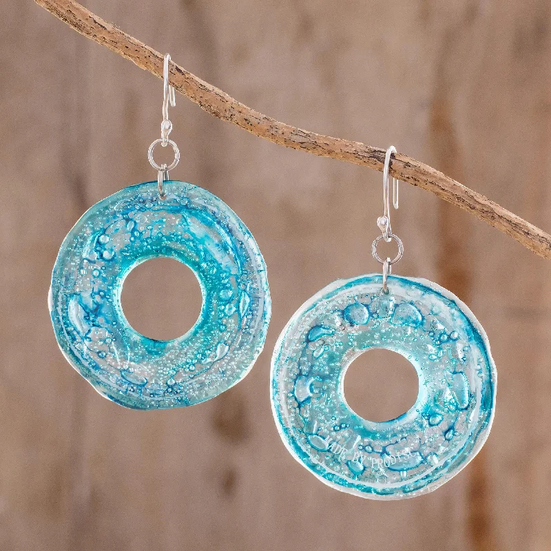 Discounted Luxury Jewelry – Shine Without The Splurge Blue Donuts Circular Recycled CD Dangle Earrings from Guatemala