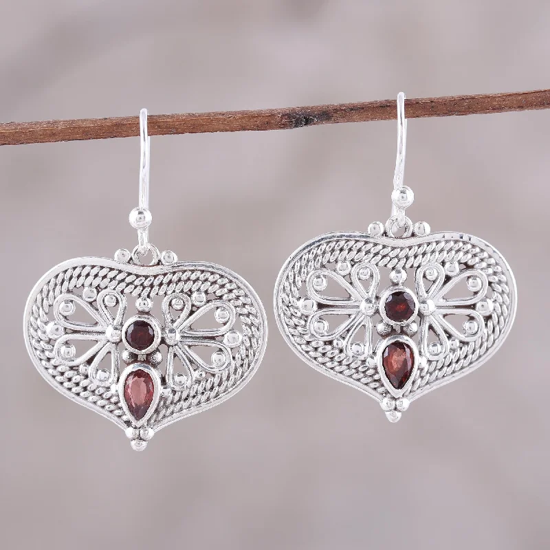 The Perfect Jewelry Piece At The Perfect Discount Bubbling with Love Garnet and Sterling Silver Heart Shaped Dangle Earrings