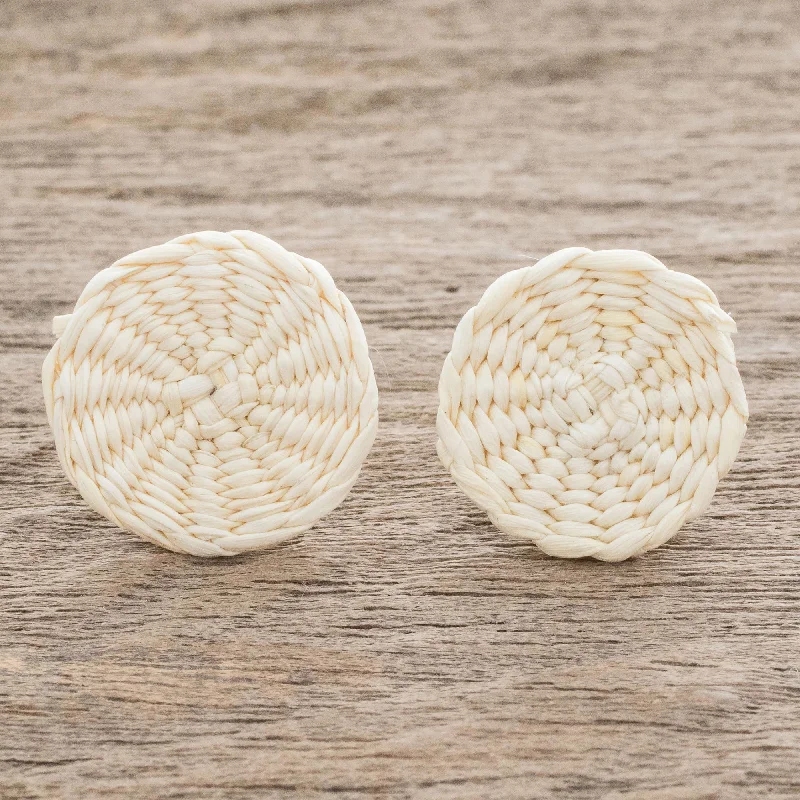 Accessorize For Less – Luxury Jewelry At Affordable Prices Circular Sensation in Natural Natural Off-White Woven Junco Reed Circular Button Earrings