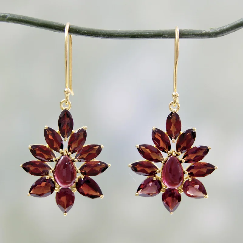 Everyday Jewelry Essentials Now On Sale Claret Sunburst Hand Crafted 18k Gold Plated Earrings with Garnets