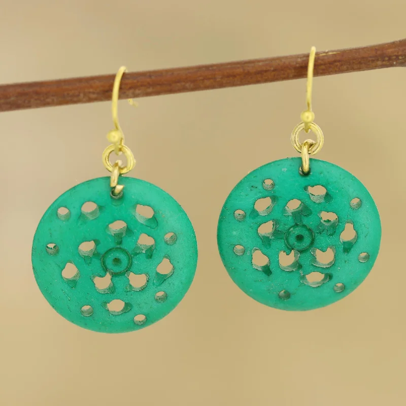 Exclusive Jewelry Sale Event – Shop Now Delightful Round Round Blue-Green Bone Dangle Earrings from India