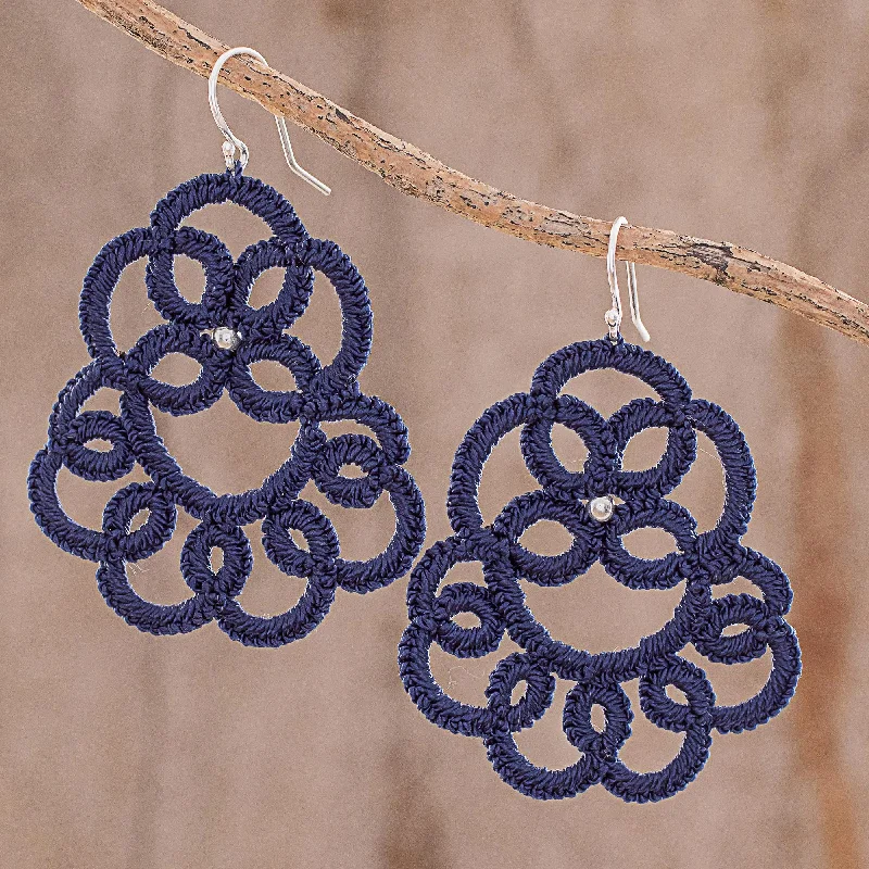 Buy More, Save More On Stunning Jewelry Designs Elegant Swirls in Indigo Hand-Tatted Dangle Earrings in Indigo from Guatemala