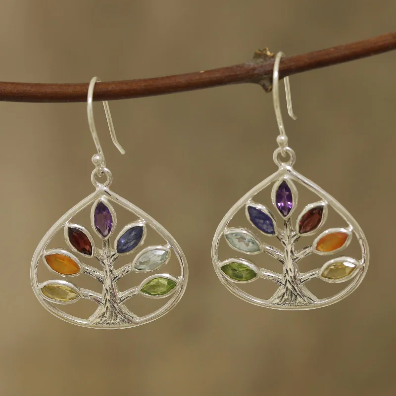 Classic And Modern Jewelry Styles On Sale Energy Tree Multi-Gemstone Chakra Tree Dangle Earrings from India