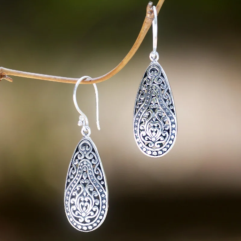 Your Dream Jewelry At Dream Prices Floral Pear Engraved Sterling Silver Dangle Earrings from Bali