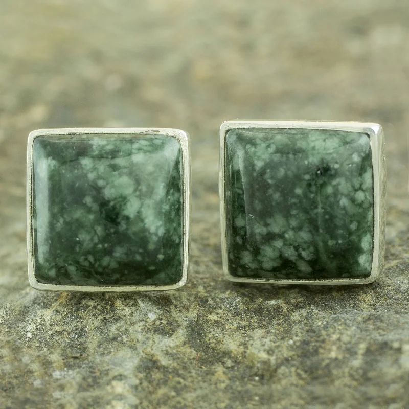 Chic And Stylish Jewelry At Exclusive Prices Forest Mystique Classic Silver Button Earrings with Green Maya Jade