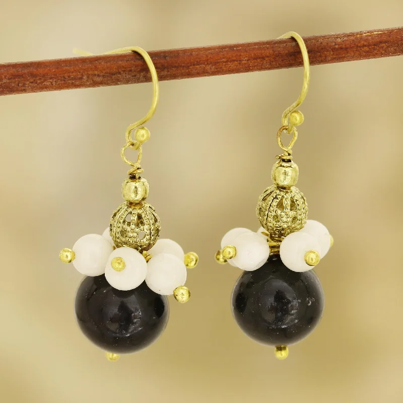 Celebrate With Sparkle – Jewelry Sale Now Live Gleaming Globes Onyx and Moonstone Beaded Dangle Earrings from India