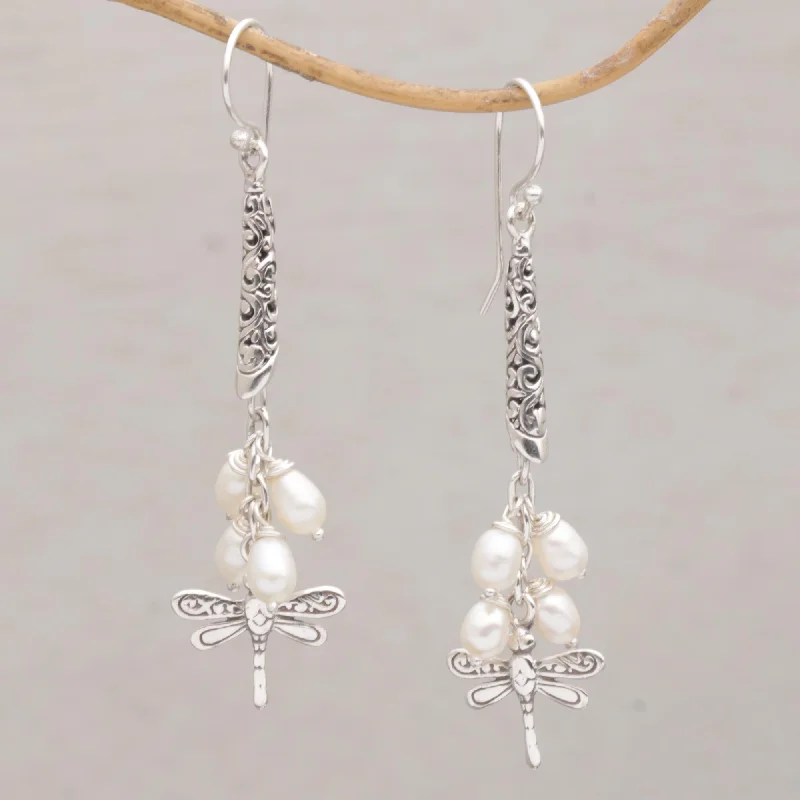 Don't Miss Out On Jaw-Dropping Jewelry Discounts Island Dragonflies Handcrafted Balinese 925 Silver and Cultured Pearl Earrings