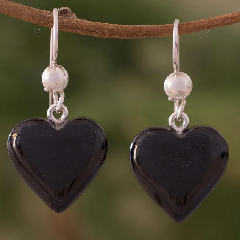 Last Chance To Grab Your Favorite Jewelry At A Discount Mayan Heart in Black Black Heart Shaped Jade Silver Dangle Earrings Guatemala