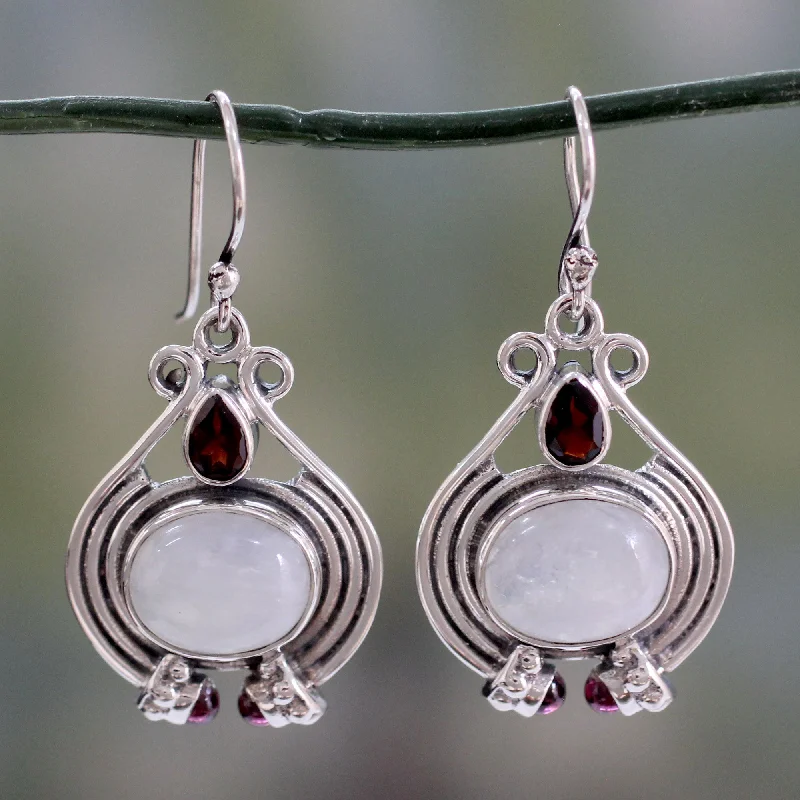 Customized Silver Jewelry For Unique Style Mysterious Mist Handmade Rainbow Moonstone and Garnet Earrings