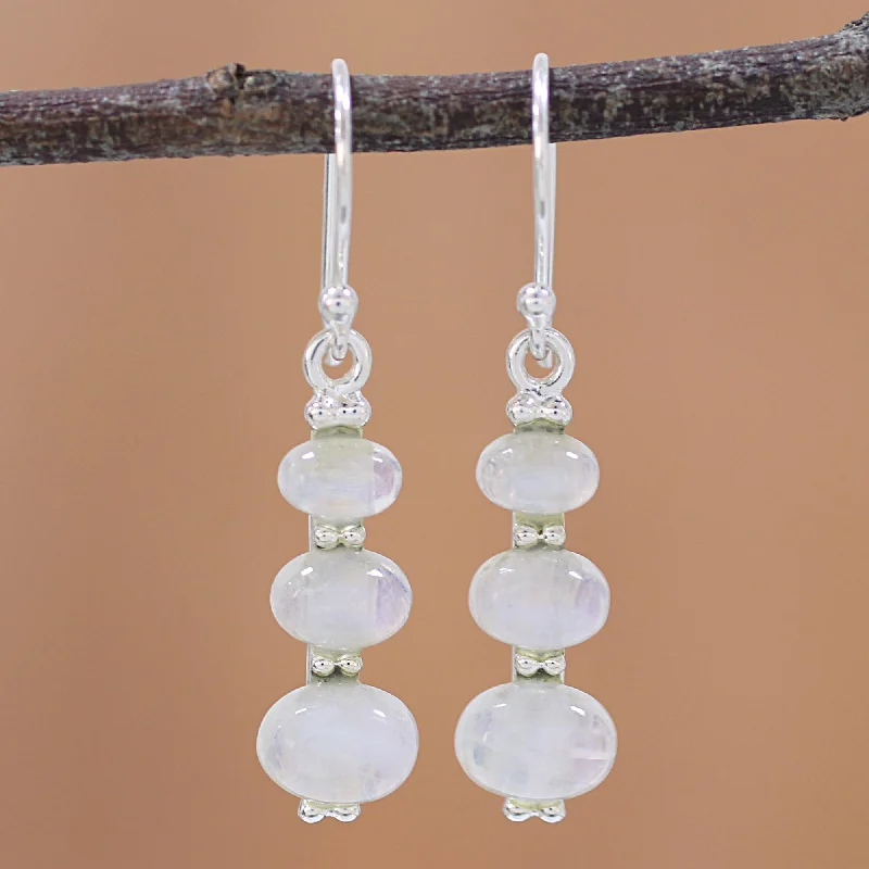 Seasonal Jewelry Deals – Elevate Your Style Natural Ellipses Rainbow Moonstone and 925 Silver Dangle Earrings from India