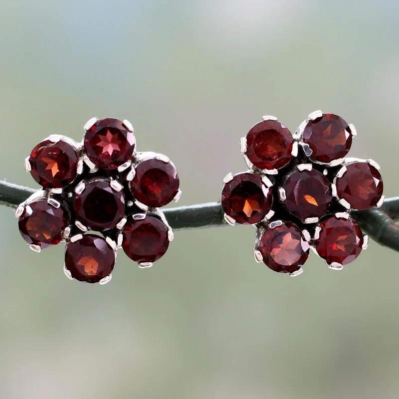 Don't Miss Out On Jaw-Dropping Jewelry Discounts Romantic Blossom Artisan Crafted Floral Button Earrings with Garnet