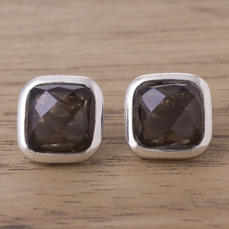 Discounted Jewelry For A Glamorous Look Square Treasures Square Smoky Quartz Button Earrings from Peru