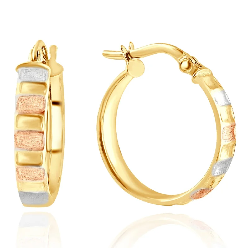 14k Yellow Gold 4mm Small Tri-Color Hoops Women's Earrings 3/4" Tall 1.35grams