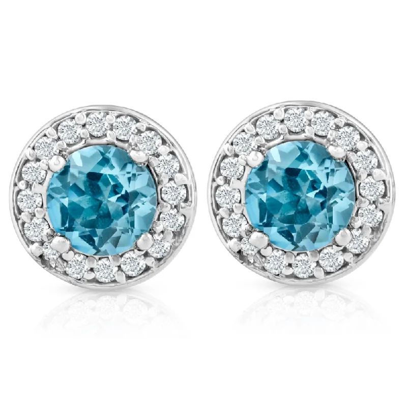 3/4ct Halo Diamond Blue Topaz Studs 14K White Gold