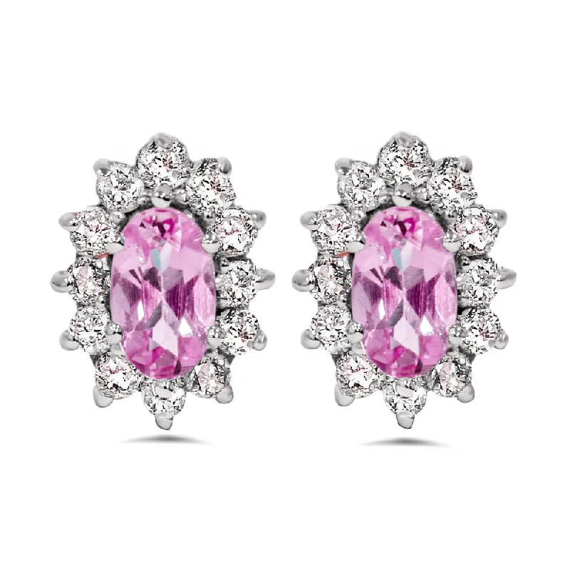 3/4ct Halo Diamond Pink Topaz Studs 14K White Gold