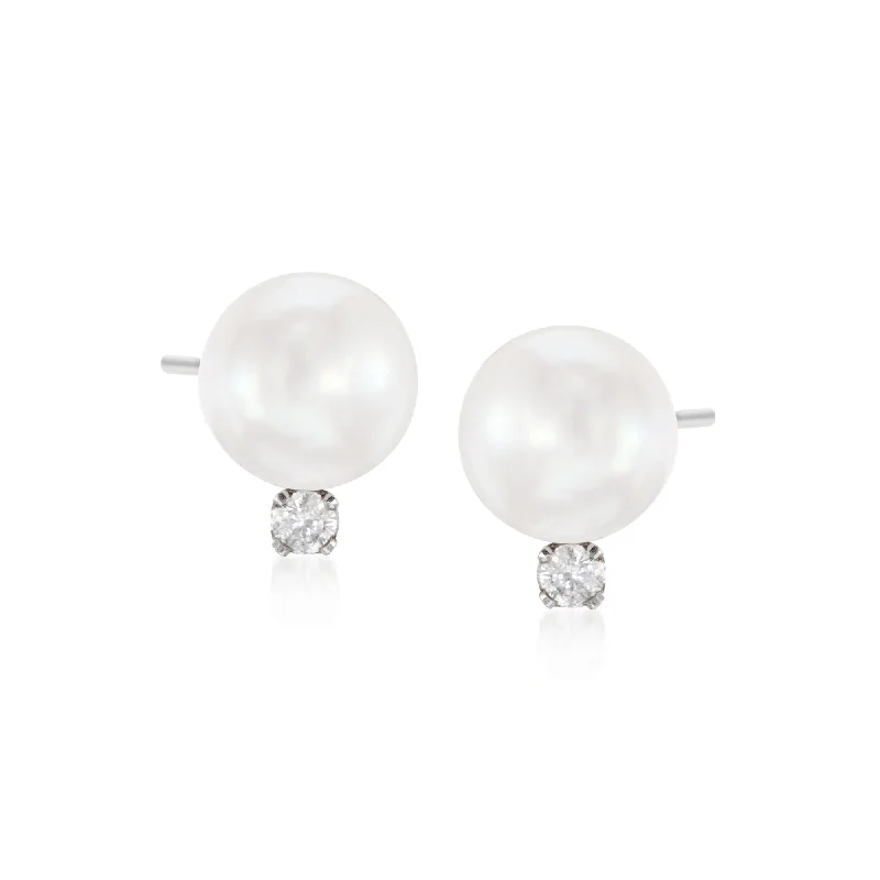 Ross-Simons 6-6.5mm Cultured Akoya Pearl and Diamond Accent Earrings in 14kt White Gold