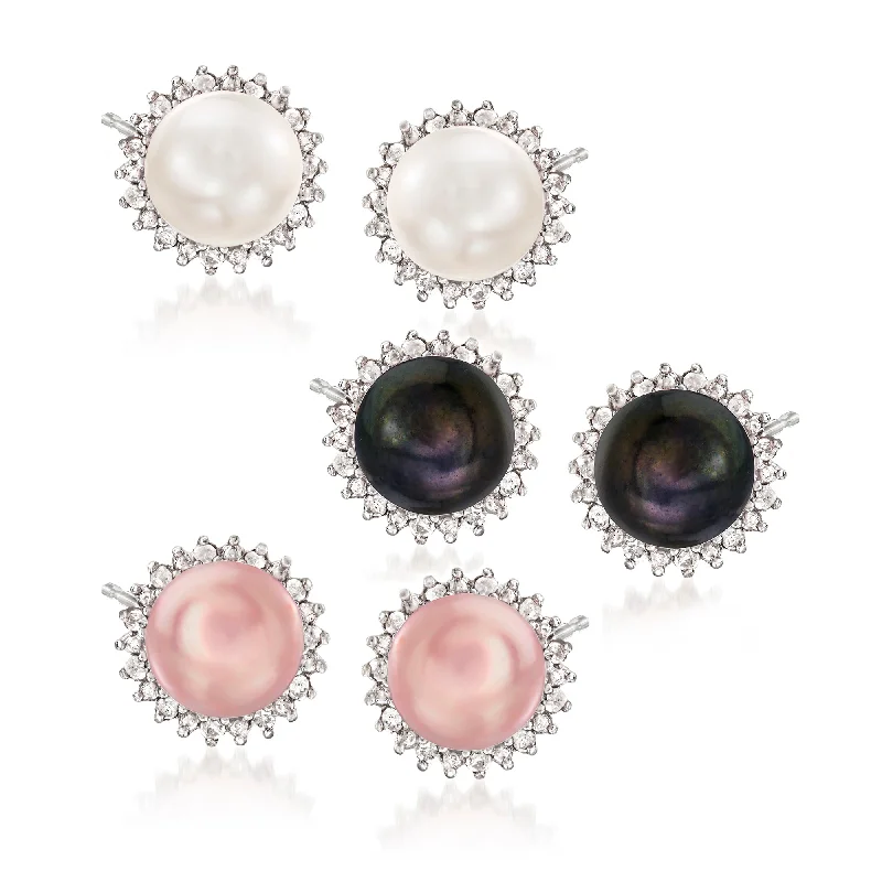 Ross-Simons 7-7.5mm Multicolored Cultured Pearl and . Diamond Jewelry Set: 3 Pairs Of Earrings in Sterling Silver