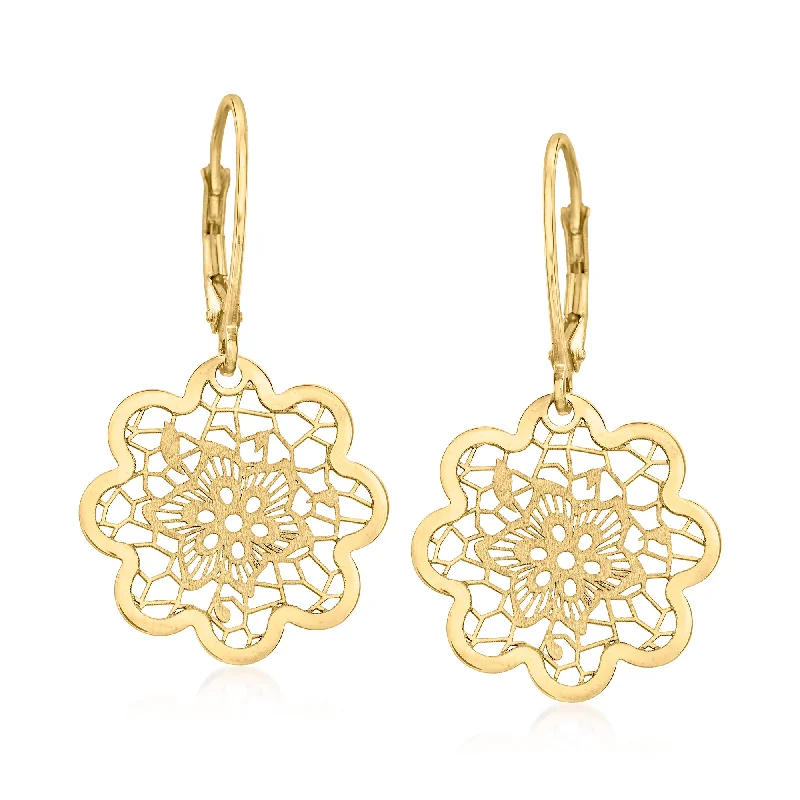 Ross-Simons Italian 14kt Yellow Gold Floral Lace Flower Drop Earrings