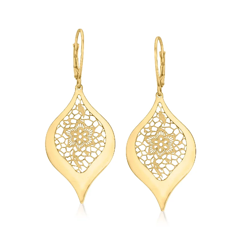 Ross-Simons Italian 14kt Yellow Gold Openwork Floral Lace Teardrop Earrings