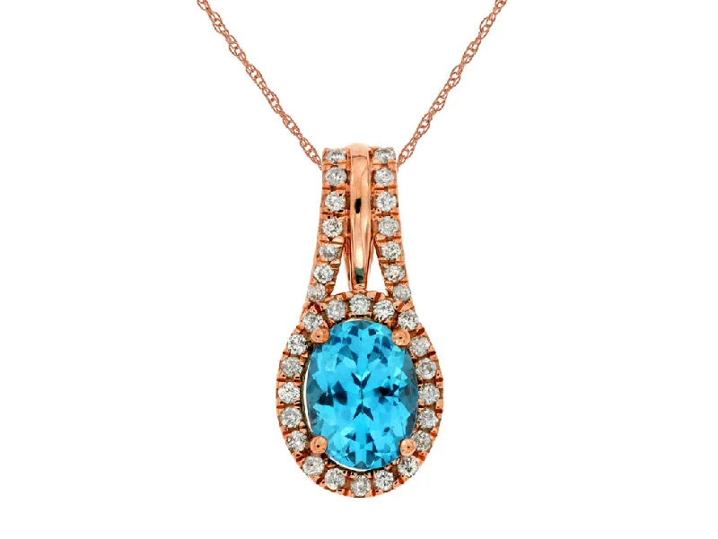 Bremer Jewelry 14K Rose Gold Oval Shape Blue Topaz and Diamond Drop Pendant with a 14K Rose Gold Link Necklace (1.74ctw)