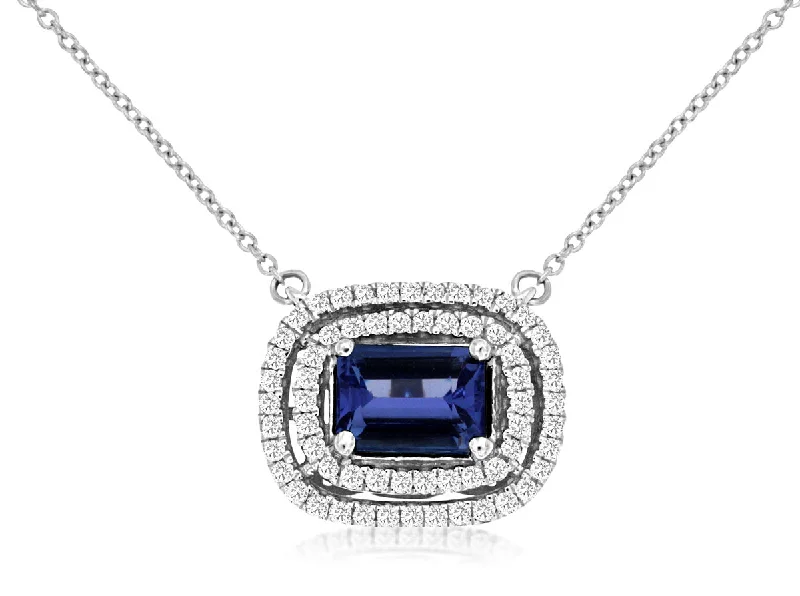 Bremer Jewelry 14K White Gold Emerald Shape Tanzanite and Diamond Halo Pendant with a 14K White Gold Cable Link Necklace (1.49ctw)