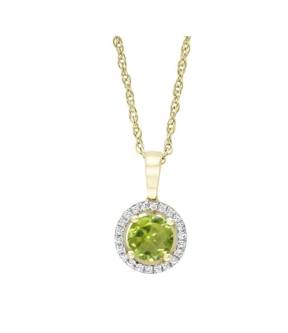 Bremer Jewelry 14K Yellow Gold Round Shape Peridot and Diamonds Halo Pendant with a 14K Yellow Gold Cable Link Necklace (0.57ctw)