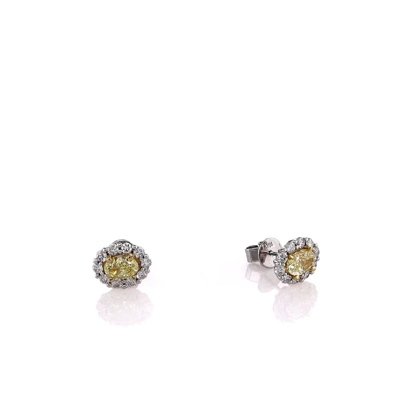 Premium Diamond Jewelry At Once-In-A-Lifetime Discounts 18k White Gold Yellow and White Diamond Halo Oval Stud Earrings