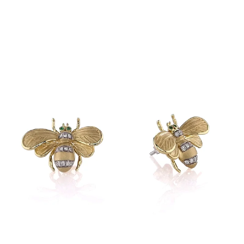 Luxury Jewelry At Unbeatable Discounts 18k Yellow Gold Emerald Eyes and Diamond Bee Stud Earrings