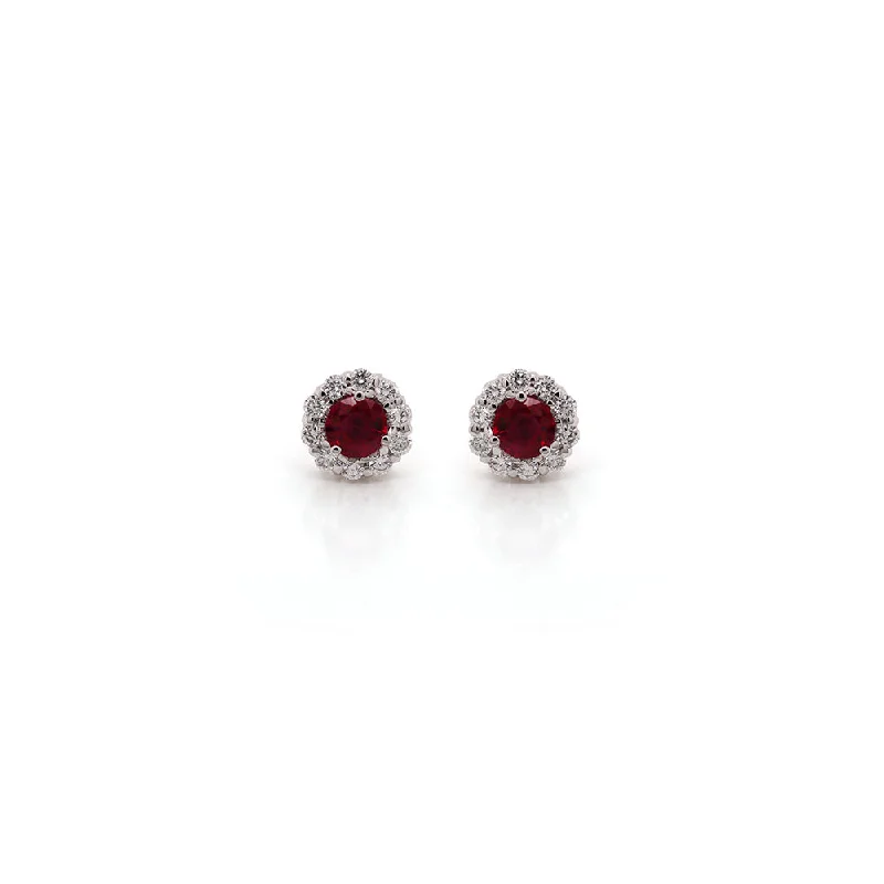 Personalized Jewelry Sale – Meaningful Gifts At Great Prices 18k White Gold Round Ruby Stud Earrings with Diamond Halo