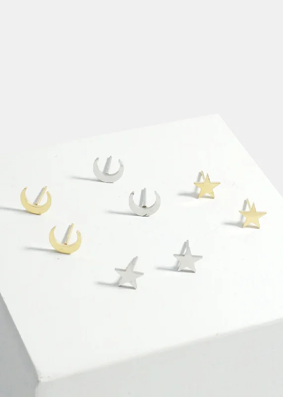 Gorgeous Jewelry, Limited-Time Savings 2-Pair Star & Moon Stud Earrings