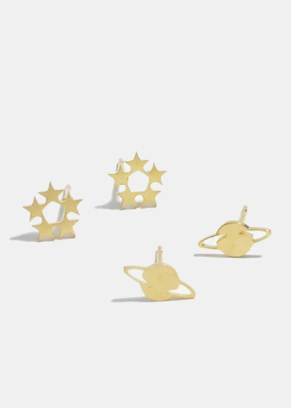 High-Quality Jewelry At A Fraction Of The Cost 2-Pair Star & Planet Stud Earrings