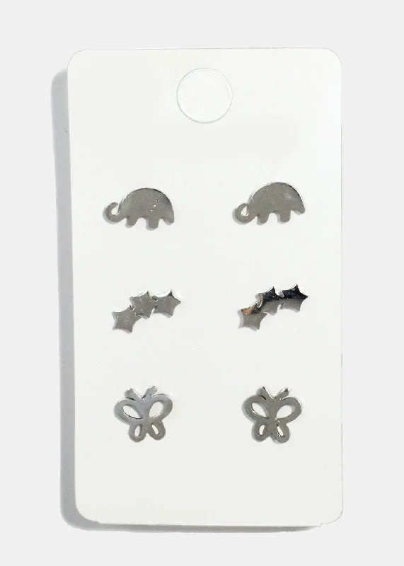 Dazzle With Discounts – Shop Jewelry On Sale 3-Pair Elephant, Star & Butterfly Stud Earrings