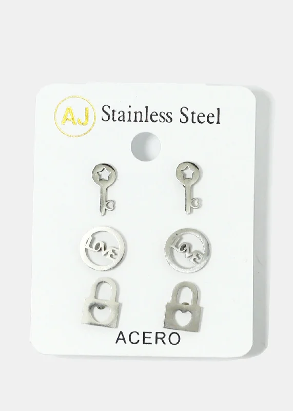 Stunning Jewelry At A Fraction Of The Price 3-Pair Key & Lock Stud Earrings