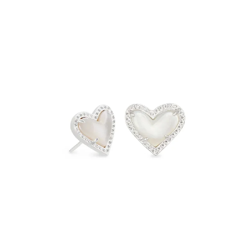 Discounted Luxury Jewelry – Shine Without The Splurge Kendra Scott Ari Heart Rhodium Stud Earrings in Ivory Mother of Pearl