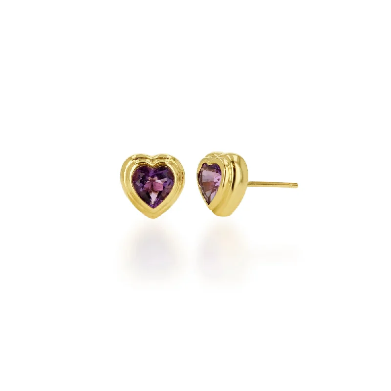 Romantic Heart-Shaped Jewelry For Special Gifts Rachel Reid 14k Double Bezel Amethyst Heart Stud Earrings