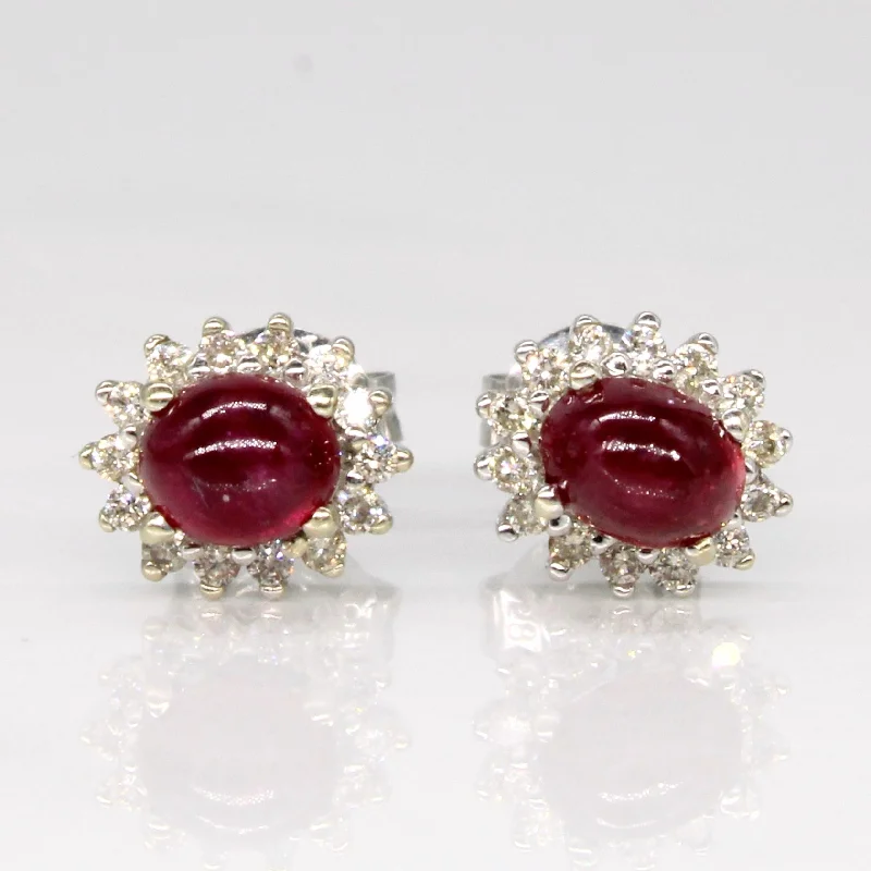 Get The Sparkle You Love At Prices You Adore Cabochon Ruby & Diamond Halo Stud Earrings | 1.00ctw, 0.14ctw |