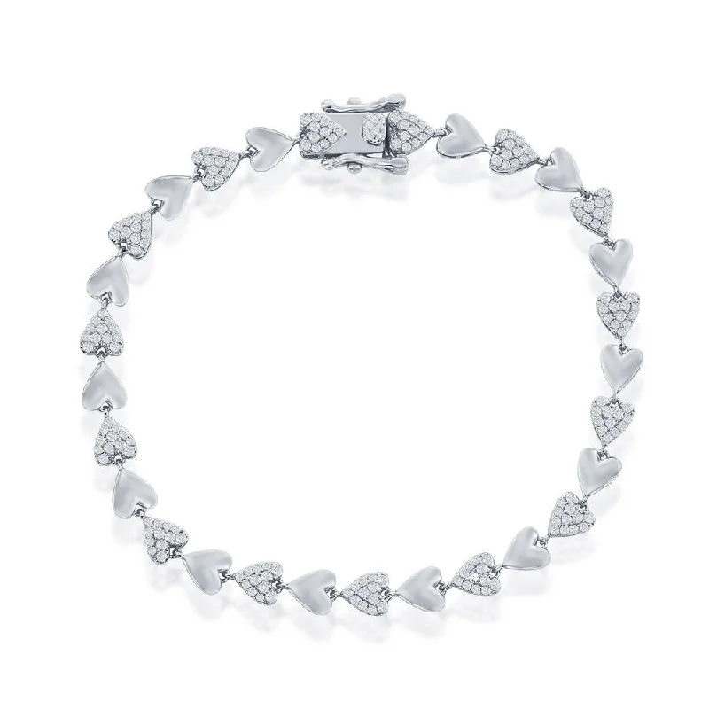 Sterling Silver Alternating Polished & Micro Pave CZ Heart Bracelet