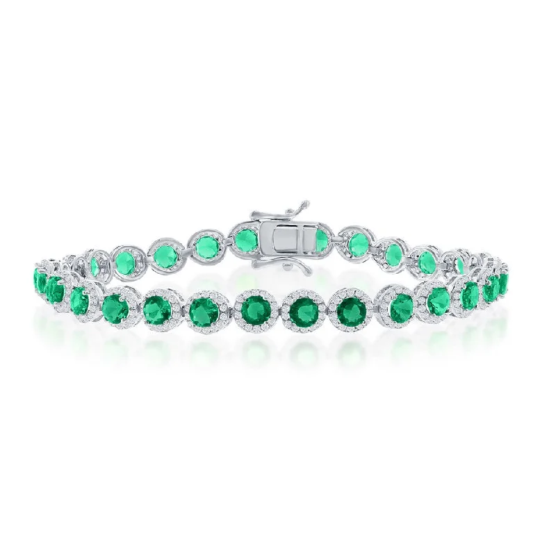 Sterling Silver Round Halo White & Emerald CZ Linked Bracelet