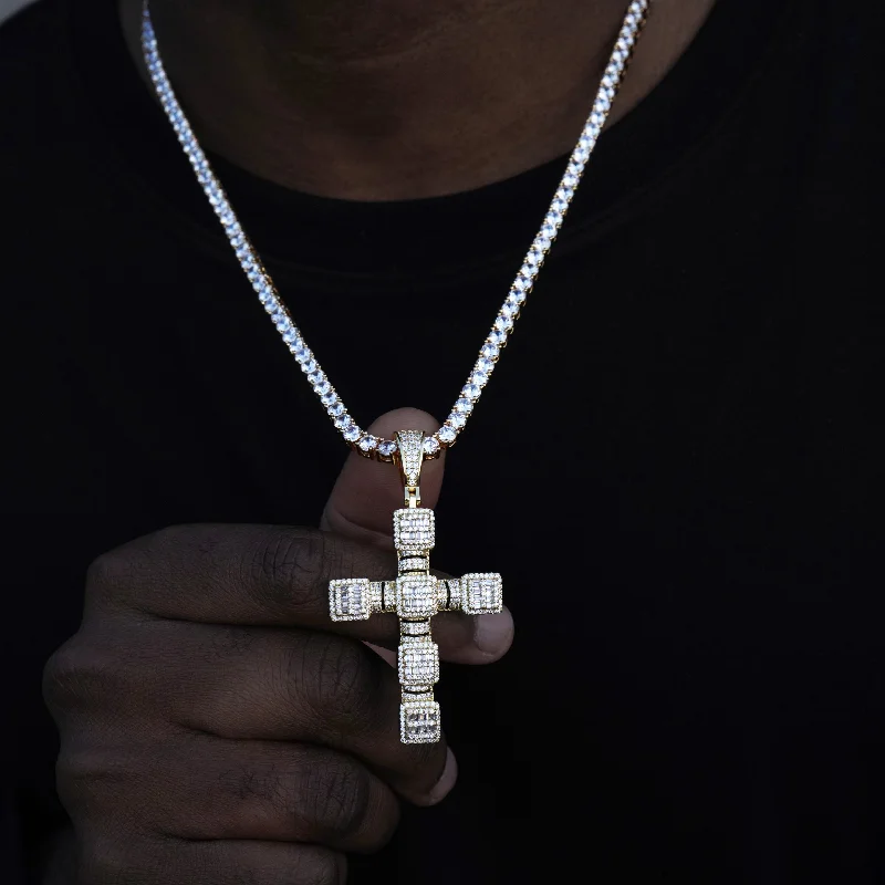 Iced Baguette Block Cross 18K Necklace